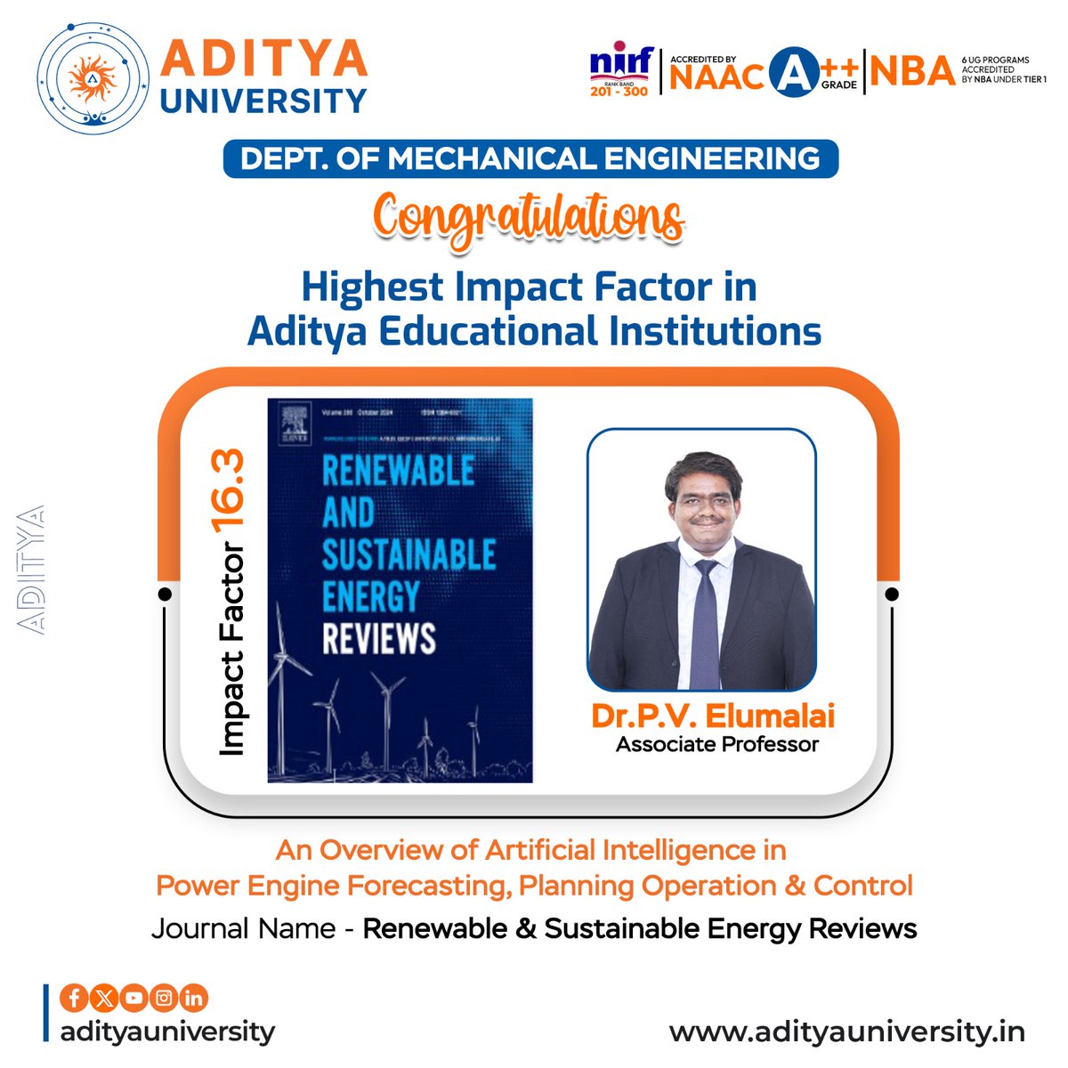 adityauniv's tweet photo. Dr. P. V. Elumalai's article: "An Overview of Artificial Intelligence in Power Engine Forecasting, Planning, Operation, and Control" Published in "Renewable & Sustainable Energy Reviews"
#ResearchExcellence #HighImpactFactor #ArtificialIntelligence #RenewableEnergy #AUS https://t.co/He4nxIvFwk