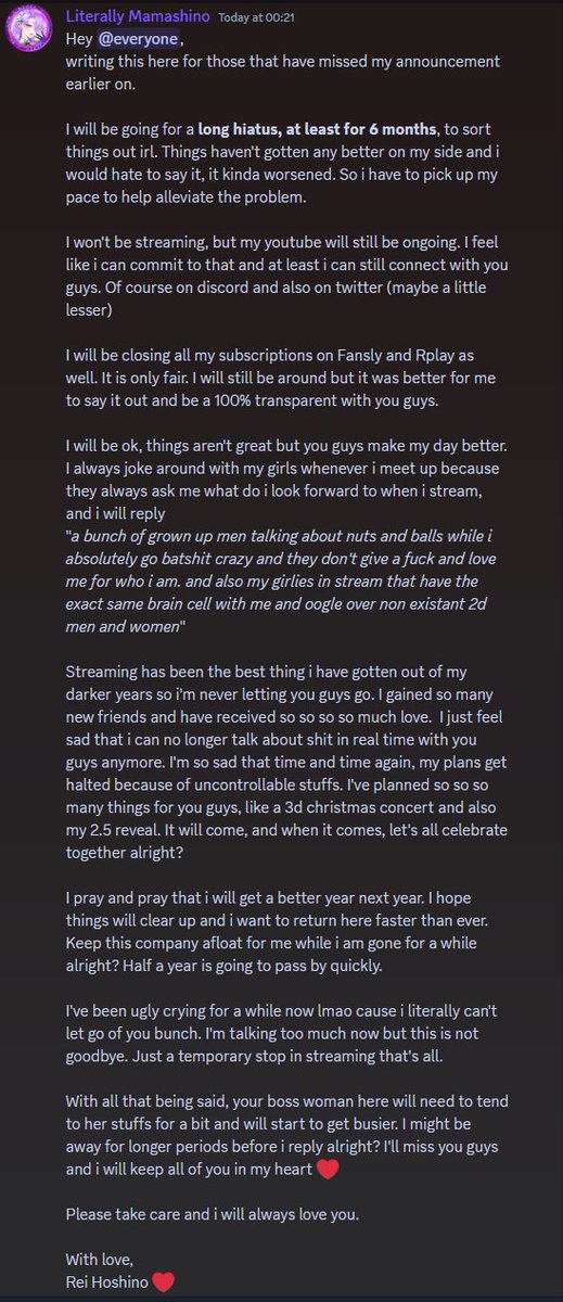 ugly cried on stream, ugly cried the entire week, still ugly crying. a tough pill to swallow but i have to. 
I will see you guys in a few months 💜💜
