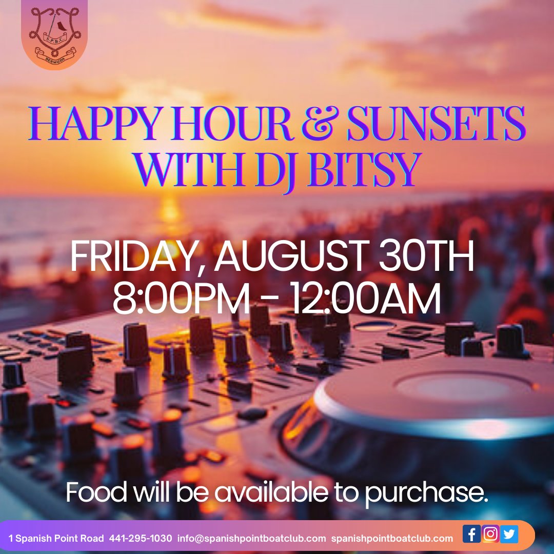 SPBCbda's tweet image. The #SPBC is happy to announce the return of our Friday night DJ series. Come out this Friday, August 30th, and enjoy the sunset with happy hour drink prices and the one &amp;amp; only DJ Bitsy setting the musical mood. We'll also have food available for purchase. See you Friday!