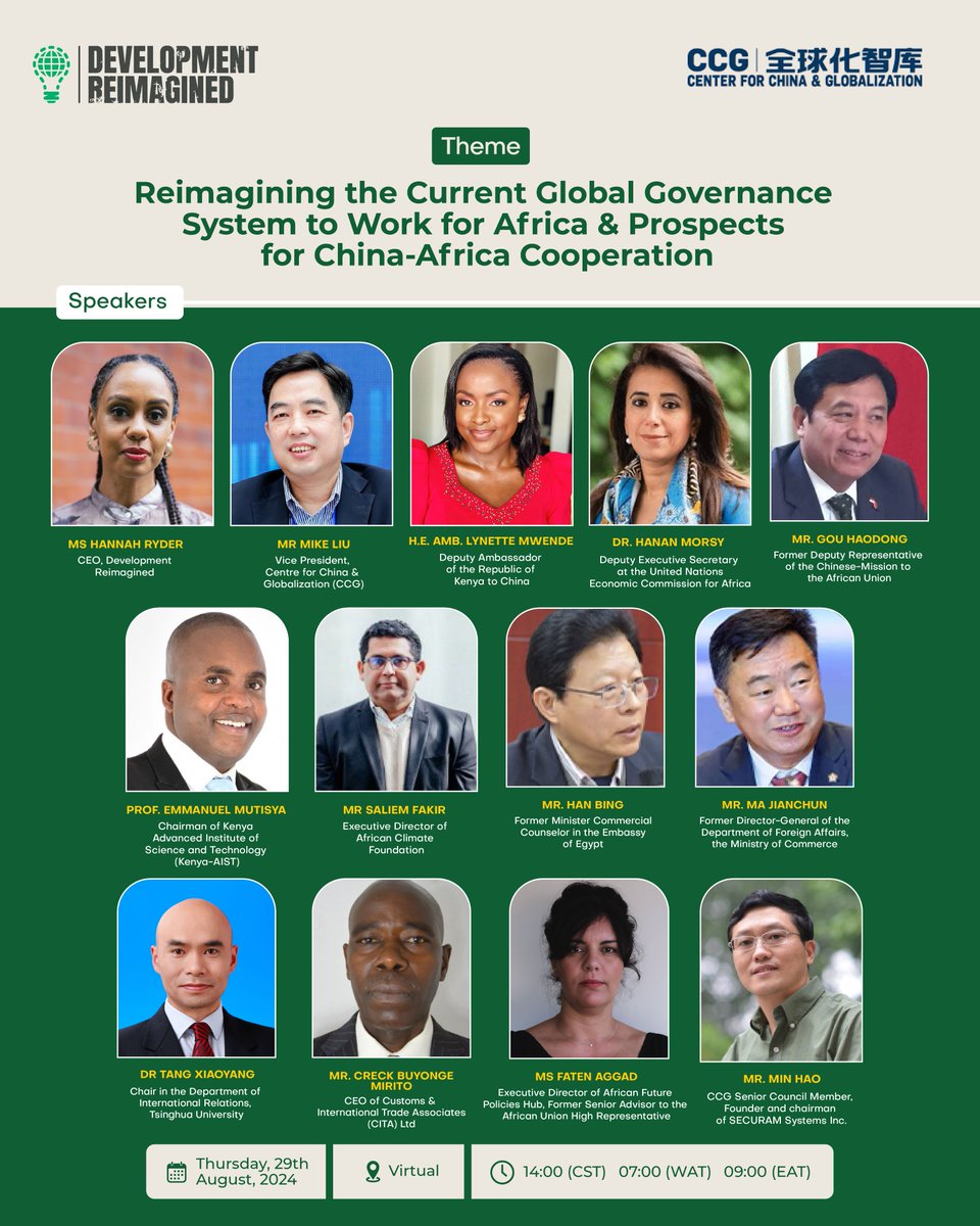 Development Reimagined™ (@devreimagined) on Twitter photo Ahead of the 2024 FOCAC Summit, we’re teaming up with <a href="/CCG_org/">Center for China and Globalization</a> for a game-changing webinar!
Topic: "Reimagining Global Governance to Work for Africa & Prospects for China-Africa Cooperation"🤝
Engage in powerful discussions with top experts as we explore how China-Africa Ahead of the 2024 FOCAC Summit, we’re teaming up with <a href="/CCG_org/">Center for China and Globalization</a> for a game-changing webinar!
Topic: "Reimagining Global Governance to Work for Africa & Prospects for China-Africa Cooperation"🤝
Engage in powerful discussions with top experts as we explore how China-Africa