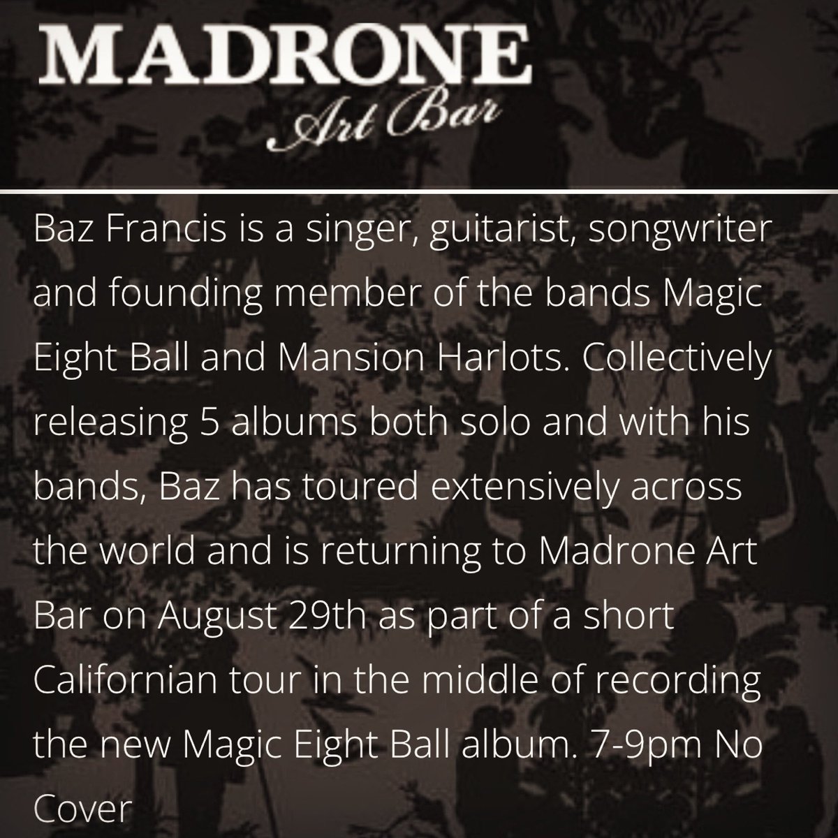 🌉 TOMORROW NIGHT!

On Thursday, August 29 I shall return for another solo show at ⁦<a href="/madroneartbar/">Madrone Art Bar</a>⁩ in San Francisco from 7-9pm, so see you there!

#bazfrancis #madroneartbar #sanfrancisco #california #usa #livemusic