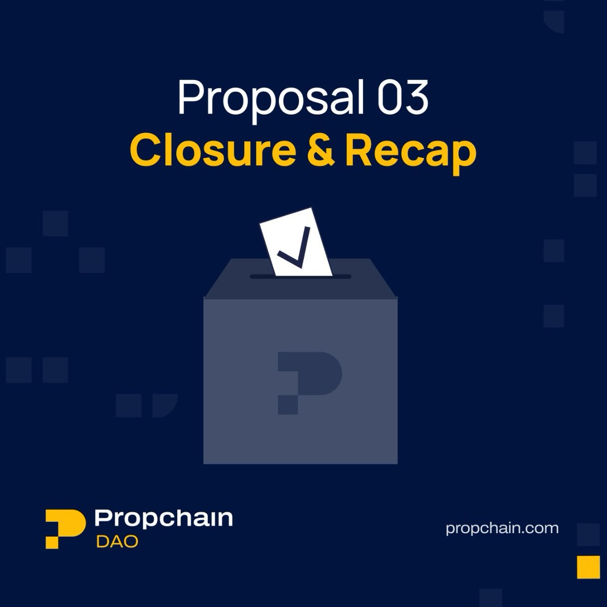 PropChainGlobal's tweet photo. The third proposal for Propchain DAO has successfully closed with a notable number of votes!

We thank all our community members for their continuous dedication to improving Propchain and its vision.

The third proposal [PCF-03] outperformed the previous two, with the $PROPC community collectively voting on @SnapshotLabs and accumulating more than 870K Voting Power. The results can be viewed here:
https://t.co/0xZUoOo44S

This proposal was ideated solely by the DAO community and successfully completed the entire governance cycle up until the voting was closed.

The outcomes of this proposal will now set in motion the implementation of a crucial token inflation-resistance strategy, aimed at strengthening our tokenomics and ensuring the long-term stability and viability of $PROPC.

Stay tuned as we continue to build up our governance mechanisms and introduce new proposals. Let's work together towards a more inclusive and permissionless community at #Propchain.