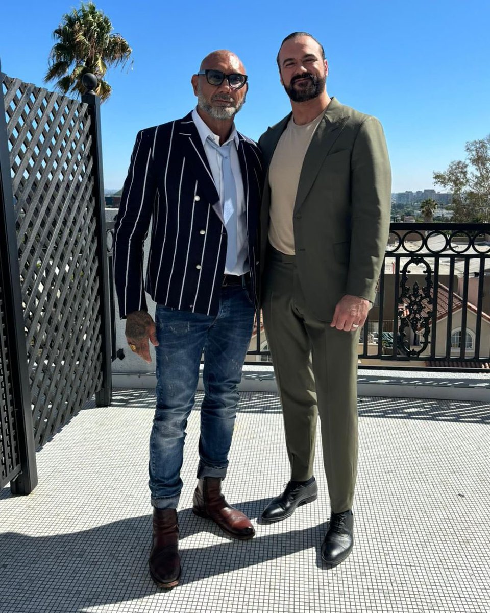DMcIntyreWWE's tweet photo. A couple of sharp dressed killers about to play the game 👀💥

Media in full swing for @Lionsgate with @DaveBautista 

The Killer’s Game, in theatres September 13.

#TheKillersGame https://t.co/yc3N2DD26s