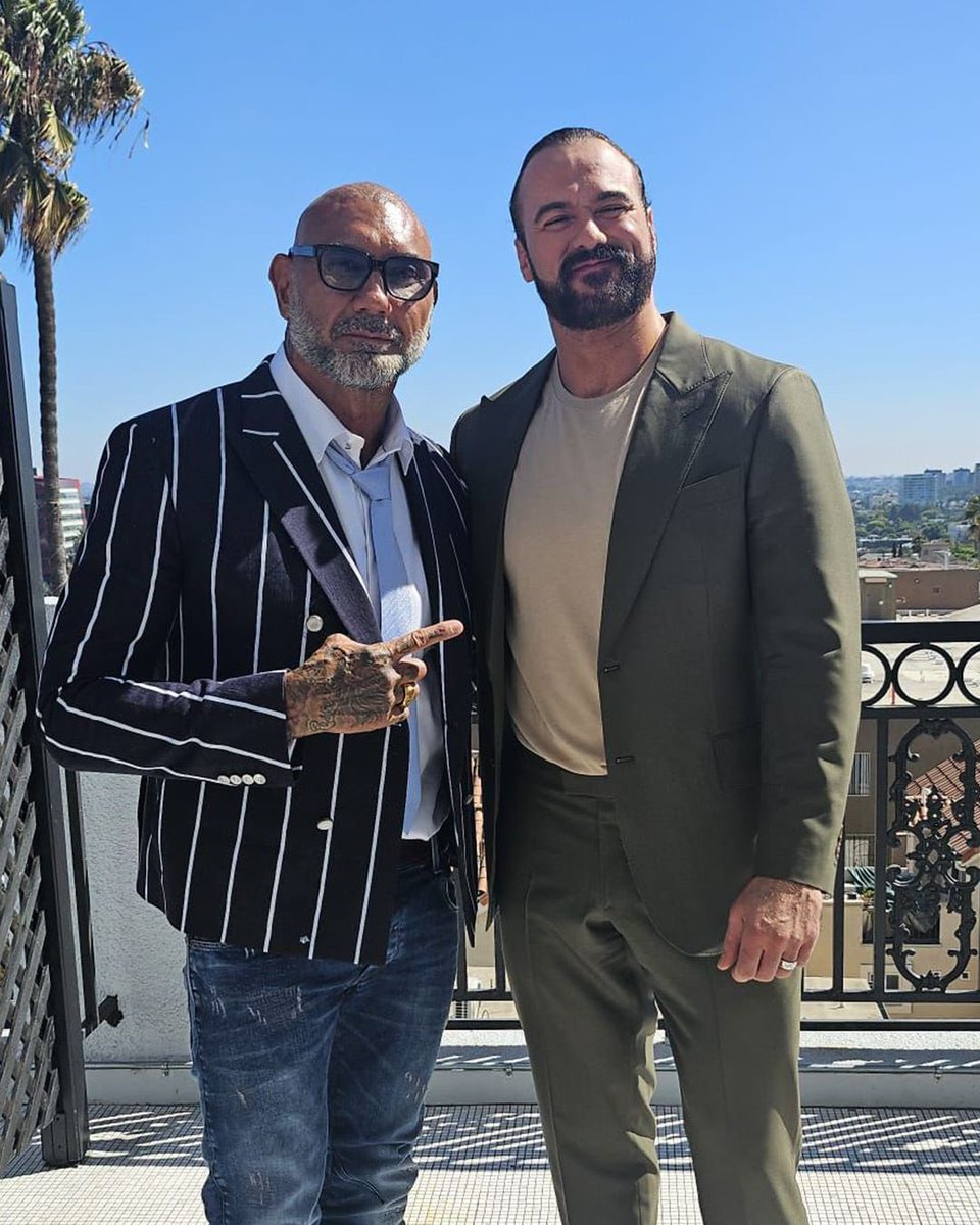 DMcIntyreWWE's tweet photo. A couple of sharp dressed killers about to play the game 👀💥

Media in full swing for @Lionsgate with @DaveBautista 

The Killer’s Game, in theatres September 13.

#TheKillersGame https://t.co/yc3N2DD26s
