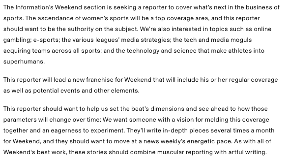 abebrown716's tweet photo. More exciting news from Weekend &amp; @theinformation!

Weekend wants to add a reporter to cover the future and business of sports—with a major focus on women's sports. This is a new entirely new coverage universe for us, and we couldn't be more excited. 

Pls RT! Email in bio.

1/2 https://t.co/n0ITgnJKvr