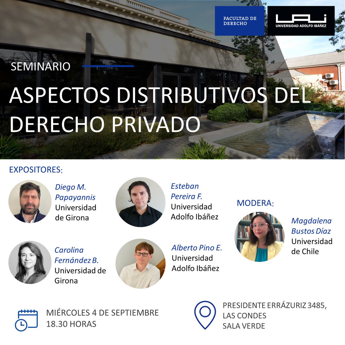 AGENDA | MIÉRCOLES 4 DE SEPTIEMBRE 18:30 HRS.
Académicos de nuestra Facultad de Derecho y de la Universidad de Girona expondrán en el seminario internacional "Aspectos distributivos del derecho privado" 
Sede <a href="/UAI_CL/">UAI</a> Pdte. Errázuriz 
Más información: shorturl.at/E1Wc0