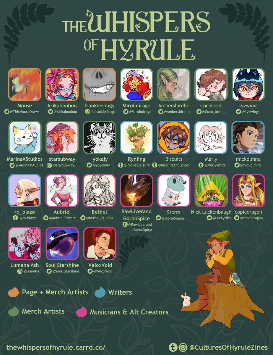 🍃 Contributor Lineup 🍃

"If you play the Ocarina here, you can talk with the spirits in the forest."

Introducing our full contributor lineup for The Whispers of Hyrule!

Please stay tuned for individual spotlights. ✨