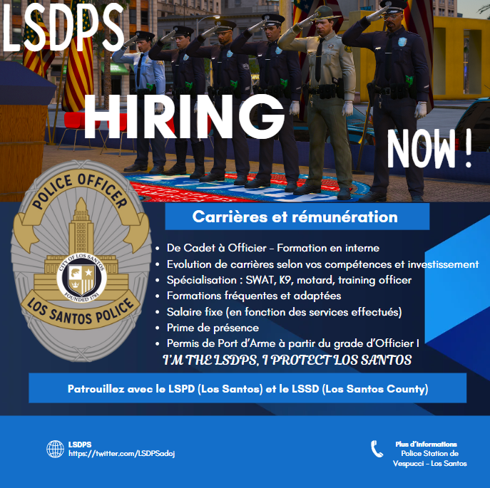 LSCPDSadoj's tweet photo. Vous rêvez de servir et protéger nos concitoyens ? Le LSDPS recrute des hommes et des femmes passionnés, dévoués et prêts à défendre notre états. Rejoignez nos rangs et faites une différence dans notre communauté.  
"To protect and to serve" https://t.co/Uh8XqKF0JN