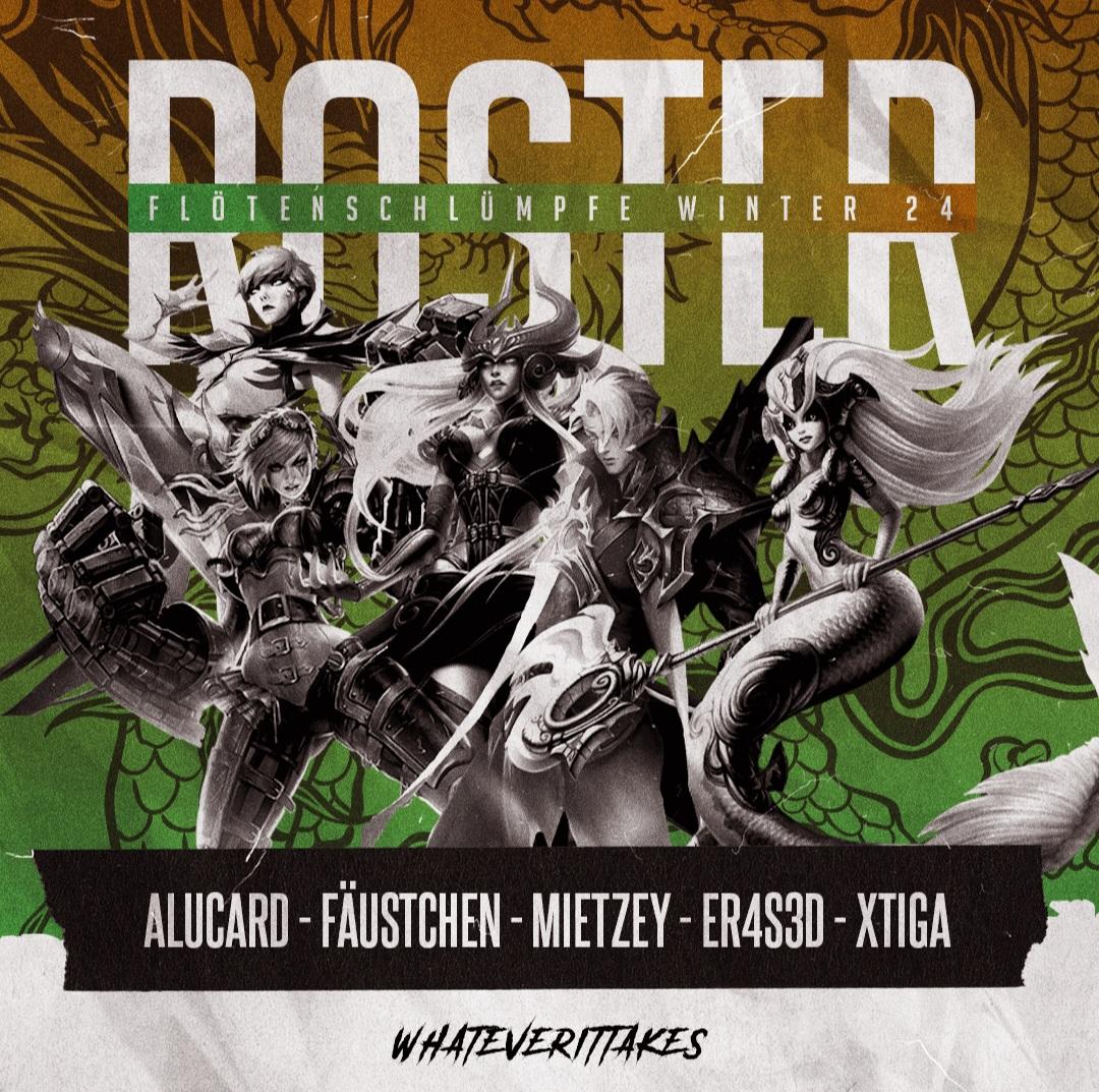 Play the flute, denn hier kommen die Flötenschlümpfe! 🪈

Als erstes Team für den kommenden Split begrüßen wir die Flötenschlümpfe aka unser Staff-Team!

<a href="/Alucard91991/">Aluzem</a>
@Faustchen_
<a href="/Mietzey_/">Mietzey</a>
<a href="/TRshadowwind/">ER4S3D</a>
<a href="/xTiiga/">xTiga</a>

Sie beginnen in der Starter-Div und werden mit Hilfe ihrer Melodie