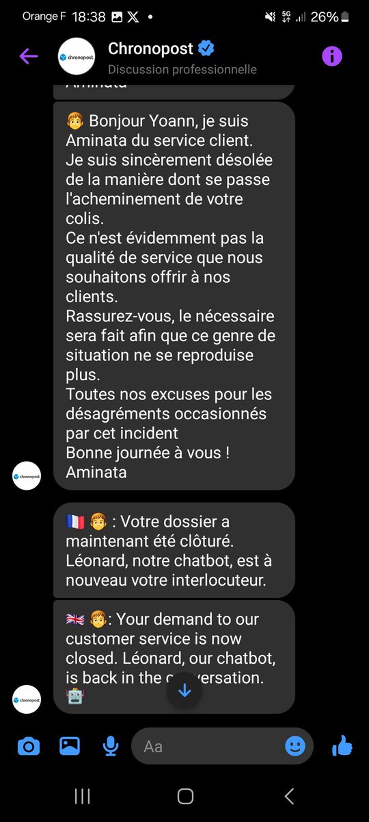 YGrandjean's tweet photo. @ChronopostSAV J'arrive en DM, surtout que vous m'aviez fait presque la même chose, une réponse de Normand et clôture du dossier dans la foulée. https://t.co/881WU4xdVA
