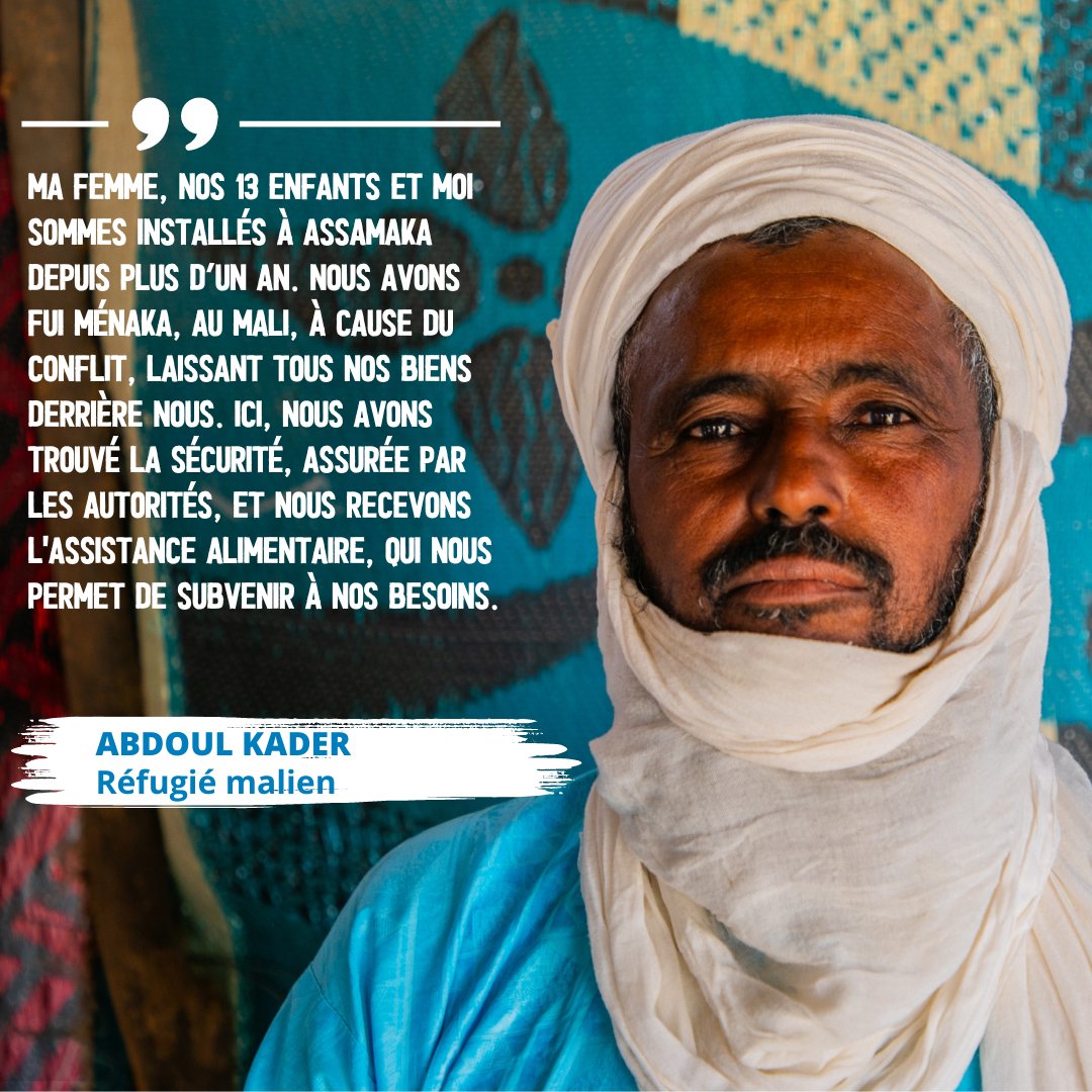 À #Assamaka, <a href="/WFP_Niger/">PAM Niger</a> fournit une aide alimentaire aux réfugiés maliens ayant fui les conflits. 

Abdou Kader, sa femme &amp; leurs 13 enfants font partie 
de ceux qui reçoivent des rations alimentaires depuis septembre 2023 &amp; ayant besoin d'une #assistance supplémentaire.