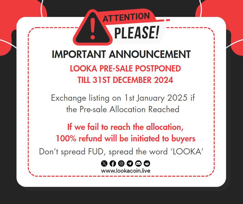 🚨 IMPORTANT ANNOUNCEMENT 🚨

We have an update for all our LookaCoin supporters! The Looka Pre-Sale has been postponed until 31st December 2024. This decision ensures that we can reach our allocation goals and provide the best value to our community.

💡 What’s Next?

Exchange