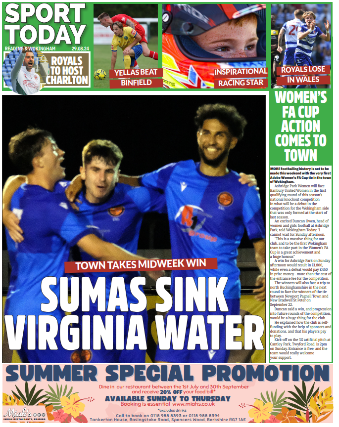 WokinghamSport's tweet photo. 📰𝗧𝗢𝗠𝗢𝗥𝗥𝗢𝗪'𝗦 𝗦𝗣𝗢𝗥𝗧

🍊 @WokinghamTownFC defeat Virginia Water
⚔️ @berkscountyfc through in #FAVase
⚽️ @AscotUnitedFC beat @Binfieldfc 
🦁 Latest #ReadingFC news
🏁 Young karting star looks for success
🏉 @Rams_RFC in action 

#TomorrowsPapersToday https://t.co/mUfD1JSXbq