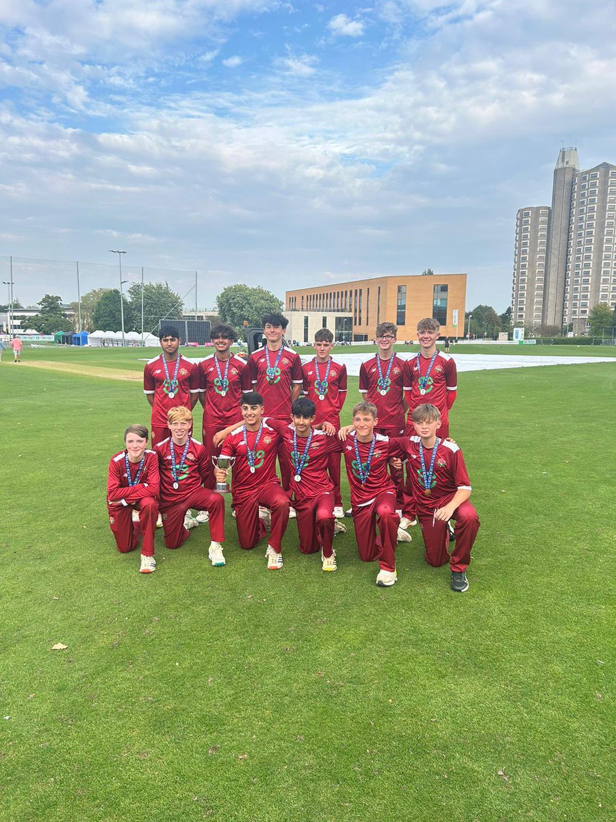 lancscricket's tweet photo. Congratulations to @LancsCricketACA U14s Boys’ team who have won the ECB National Championship today - beating Surrey by 75 runs in the final! 🙌

Captain Shivy Gautam has just lifted the trophy in Brockington. Well done, lads! 🏆

🌹 #RedRoseTogether https://t.co/ClJyH2D2TZ
