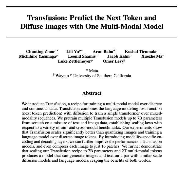 New research paper from Meta FAIR – Transfusion: Predict the Next Token and Diffuse Images with One Multi-Modal Model.

<a href="/violet_zct/">Chunting Zhou</a>, <a href="/liliyu_lili/">Lili Yu (ICLR2025)</a> and team introduce this recipe for training a multi-modal model over discrete and continuous data. Transfusion combines next token