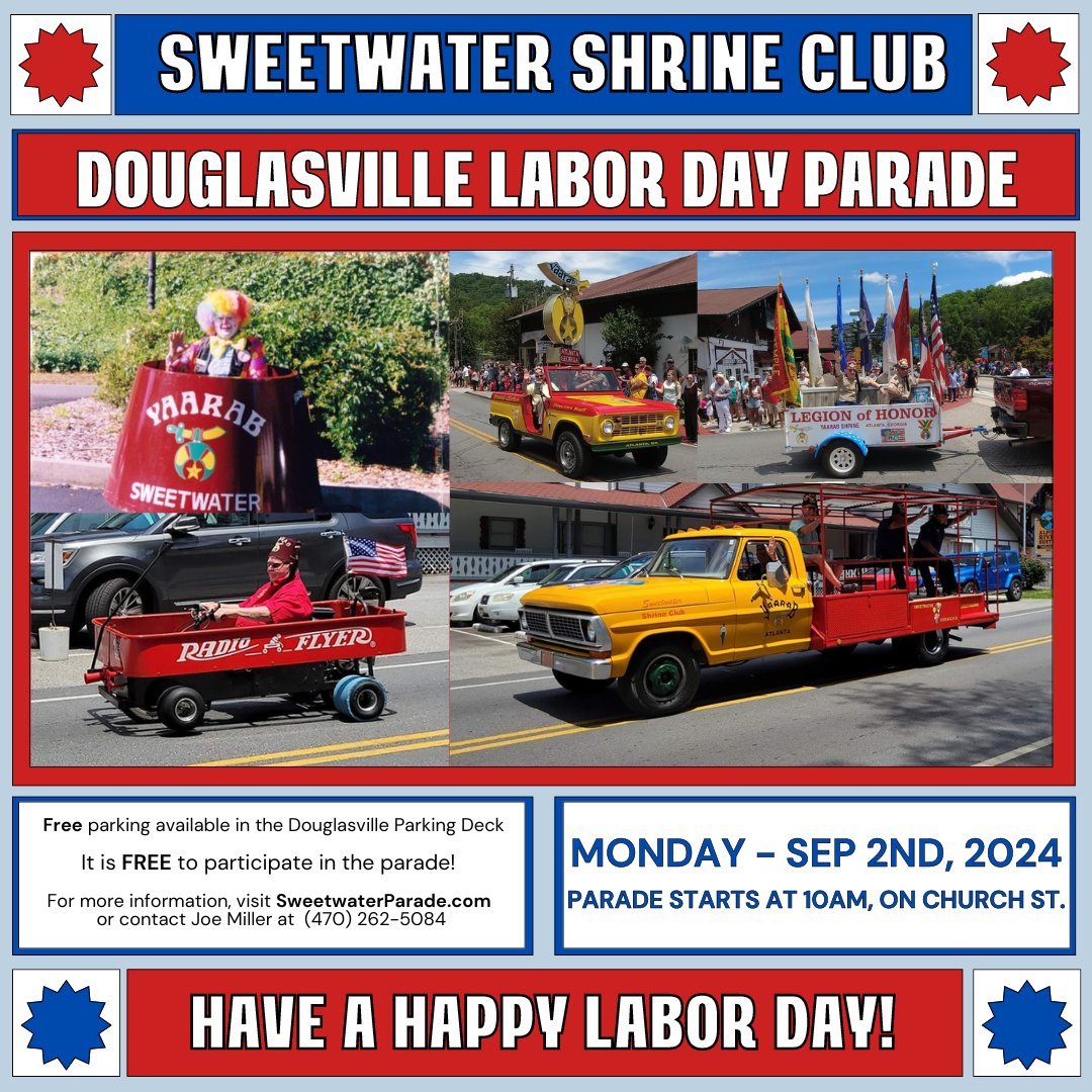 modF's tweet photo. The Douglasville Labor Day Parade will take place on Monday, September 2nd, along Church Street in Douglasville, starting at Fairburn Road (Highway 92) and ending just past the cemetery on Rose Ave. Feel free to set up anywhere along the route! https://t.co/KYnOd3GVq5
