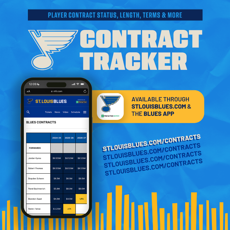 StLouisBlues's tweet photo. CapFriendly may be gone... but BluesFriendly is here 📲

Get up-to-date info on player contract details, status and more at https://t.co/u4MPZD9irZ or in the Blues App! #stlblues