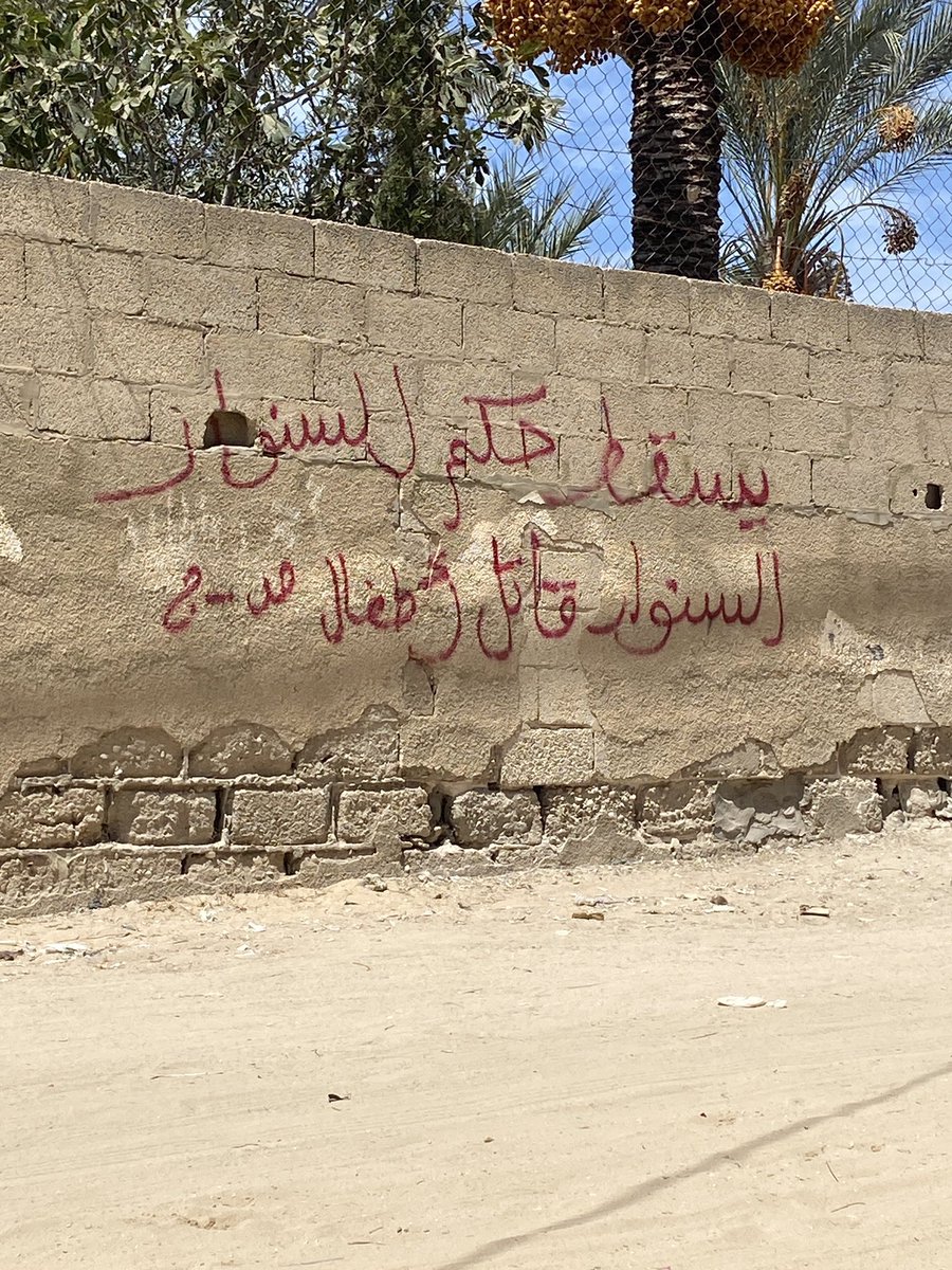 من جداريات غزة " يسقط حكم السنوار السنوار قاتل أطفال "