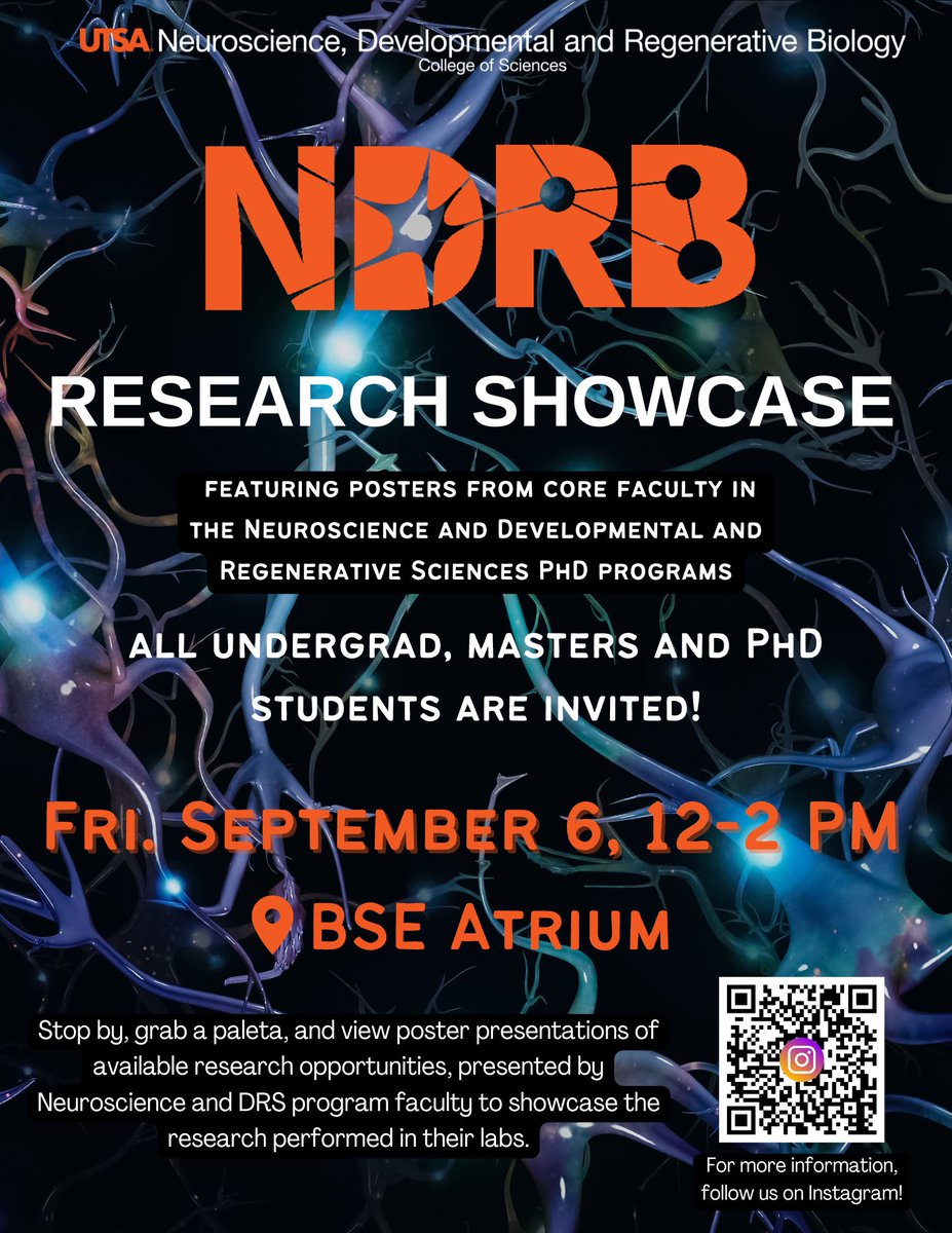UTSANeuroDevRe1's tweet image. Hey Runners! Come on down to the BSE Atrium to view the poster presentations by our NDRB program faculty on Sept. 6 from 12 pm-2 pm! See you there! #UTSA #NDRB #UTSANDRB #gorunners