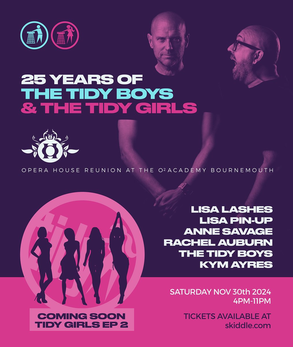 Over 1200 tickets sold already for this very special event. The 4 Tidy Girls reunite with the Tidy Boys at their favourite UK venue, the old Opera House in Bournemouth. Celebrating 25 years - get tickets now shorturl.at/Div3b