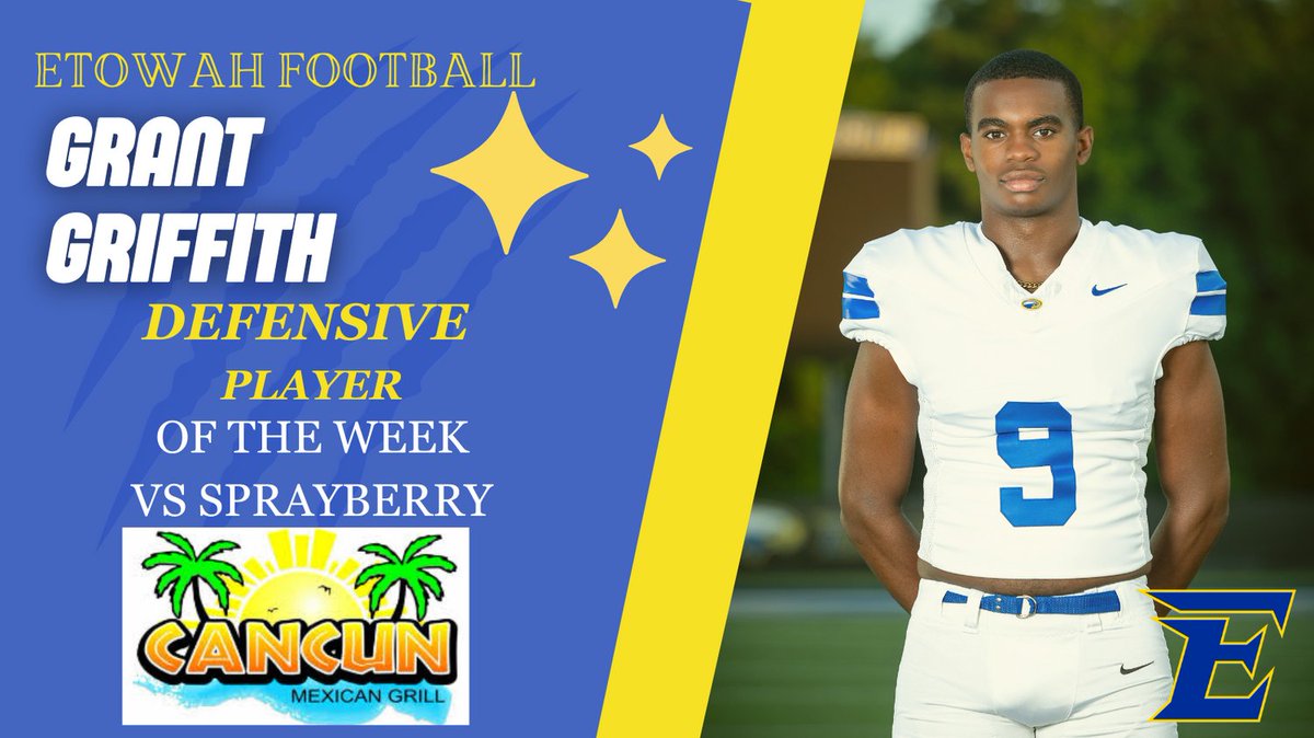 Congratulations to our @EtowahFootball Defensive Player of the Week for week 2 against Sprayberry, Grant Griffith!
Thank you to Cancun Mexican Grill, Woodstock for your continued support of our student-athletes!
@Coach_Mkemper
<a href="/EtowahHS/">Etowah High School</a>
<a href="/EtowahStrength/">Etowah Strength</a>
<a href="/RecruitGeorgia/">Recruit Georgia</a>