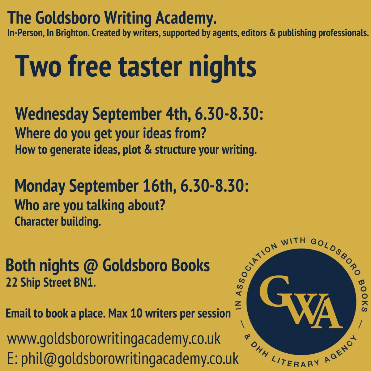 Goldsboro Writing Academy (@goldsborowa) on Twitter photo If you are in Brighton next Wednesday, Sept 4th or Monday 16th then come and see what we do. It's going to be fun.
<a href="/AramintaHall/">Araminta Hall</a> <a href="/KateWritesBooks/">Eva Carter aka Kate Harrison/Helm: 3 authors in 1!</a> <a href="/ScorpioScribble/">Laura Wilkinson</a> <a href="/JosieLloydbooks/">Josie Lloyd</a> <a href="/GoldsboroBooks/">Goldsboro Books</a> <a href="/philviner/">P. D. Viner</a> <a href="/gbpoliceadvisor/">Graham Bartlett</a> If you are in Brighton next Wednesday, Sept 4th or Monday 16th then come and see what we do. It's going to be fun.
<a href="/AramintaHall/">Araminta Hall</a> <a href="/KateWritesBooks/">Eva Carter aka Kate Harrison/Helm: 3 authors in 1!</a> <a href="/ScorpioScribble/">Laura Wilkinson</a> <a href="/JosieLloydbooks/">Josie Lloyd</a> <a href="/GoldsboroBooks/">Goldsboro Books</a> <a href="/philviner/">P. D. Viner</a> <a href="/gbpoliceadvisor/">Graham Bartlett</a>