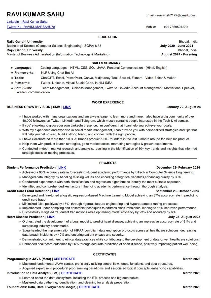 This Resume has an ATS score of more than 91😮

This Resume helped many in getting an interview calls from companies like Google, Microsoft, Amazon, and many more. 💼

I have personally used this single-column resume in my job hunting and got amazing results

I am sharing the