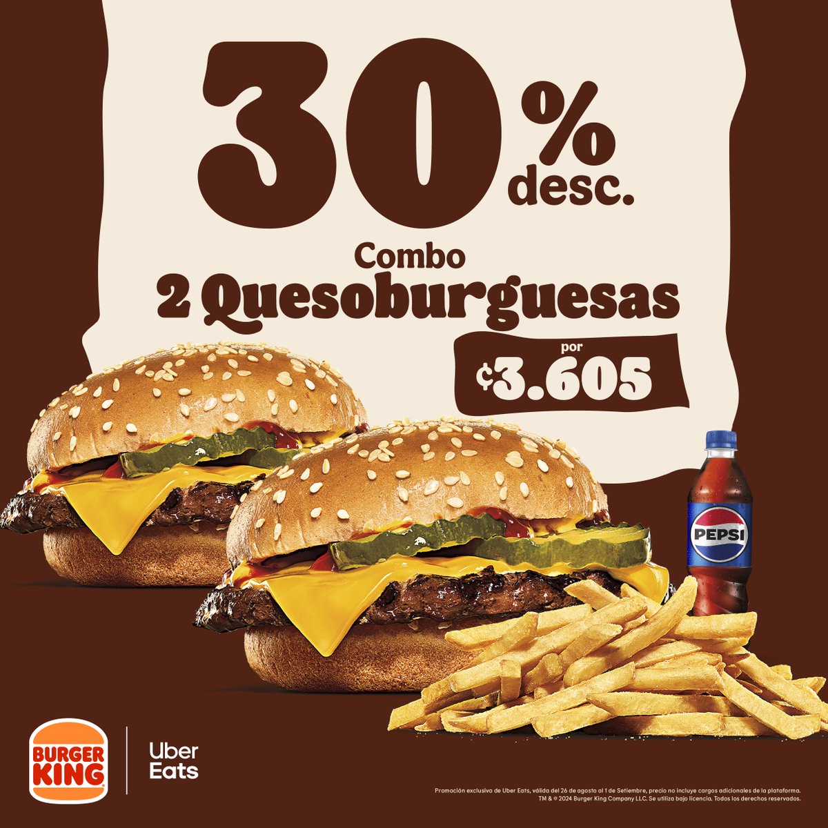 Existen 2 tipos de personas: Las que aman las Quesoburguesas y las que también aman las Quesoburguesas,🍔🔥
Aprovechá este 30% off Combo de 2 Quesoburquesas desde ¢3.605 en Uber Eats.

*Promo de Uber Eats, del 26 de agosto al 1 de set, no incluye cargos de la plataforma.
