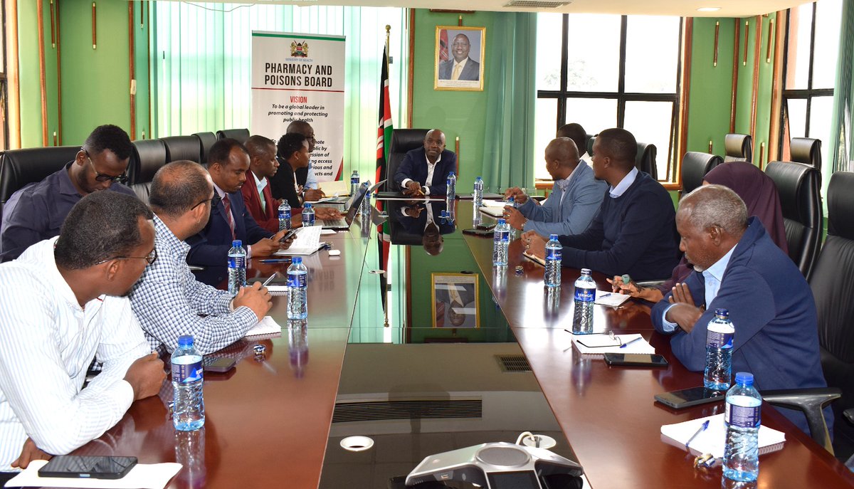 ppbkenya's tweet photo. A delegation from the Federal Ministry of Health and Human Services, Somalia, visited the Pharmacy and Poisons Board today and was welcomed by Dr. Anthony Toroitich, Director of Corporate Services. The purpose of their visit was to learn about various regulatory aspects, including Market Authorization, Pharmacovigilance, Post-Market Surveillance, and Good Distribution Practices. They also explored potential areas for future collaboration to enhance regulatory systems in Somalia.