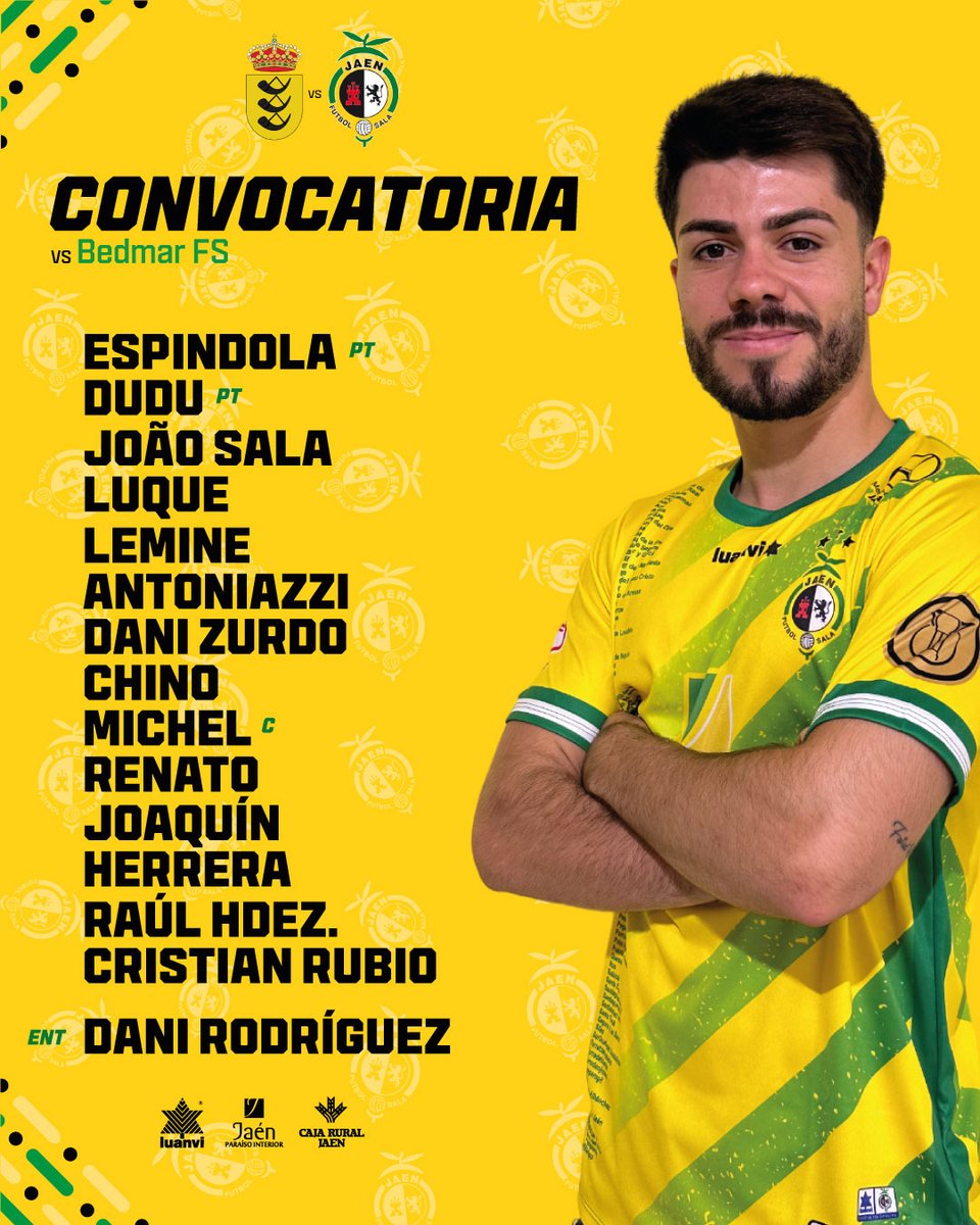 👥 CONVOCATORIA | 𝗔𝗠𝗜𝗦𝗧𝗢𝗦𝗢

👉 Estos son los 1️⃣4⃣ jugadores convocados por <a href="/danirodriguezfs/">🅳🅰🅽🅸 ⓇⓄⒹⓇⒾⒼⓊⒺⓏ⚽📋</a>

❌ <a href="/franklinfutsal8/">Franklin Cavalcante</a>

🌍 <a href="/alan_brandi/">Alan Brandi</a>, <a href="/MatiiRosa/">Matii Rosa</a> y Carlos Sanz

⬆️ <a href="/luque58/">Carlos Luque</a>, <a href="/RaulHdezz__/">Raul Hernandez</a>, <a href="/Antonioh1231/">Antoniioherrera12</a> y @_joaquinillo11

⚽️ 20:30 🆚 Bedmar FS

📺 Sin TV

#SomosJaén💛