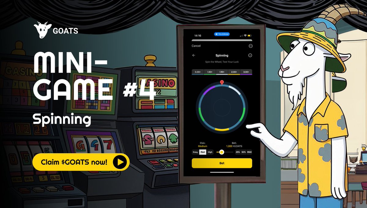 🎯 GOATS Mini-game #4: Spinning 🎯

Yo, GOATS crew, it’s time to spin and win! 🐐💥 We’ve unleashed a new mini-game, and this one’s all about spinning your way to serious gains!

How to Play:

1⃣Choose Your Risk Level—Crank up the stakes for a higher multiplier, or play it safe.