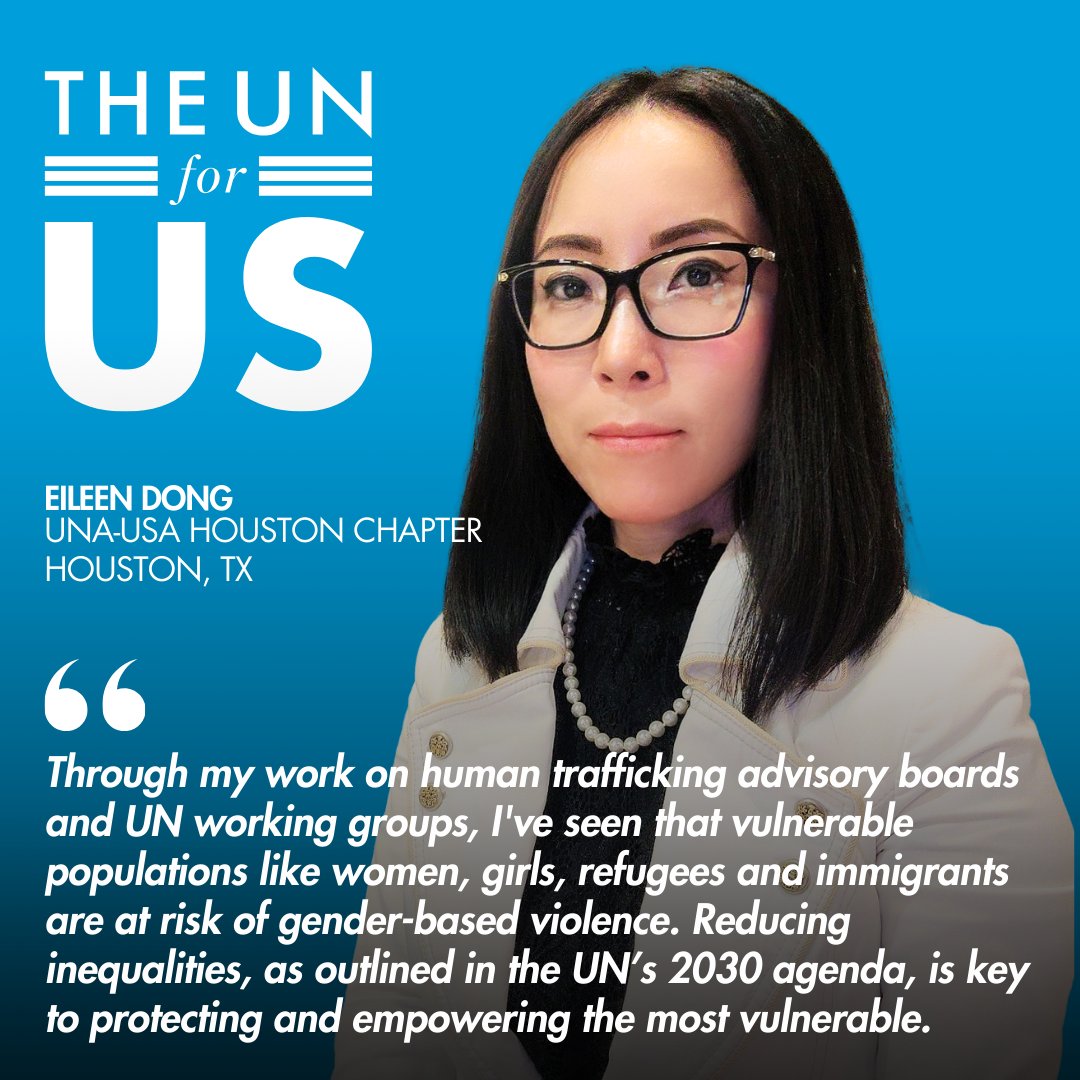 Vulnerable populations deserve a helping hand. <a href="/UNA_Houston/">United Nations Association - Houston</a> Board Member <a href="/EileenDong8/">EileenDongOfficial</a> has seen how the UN's 2030 Agenda works to eliminate human trafficking and reduce inequalities in the U.S. and around the globe. #UNforUS