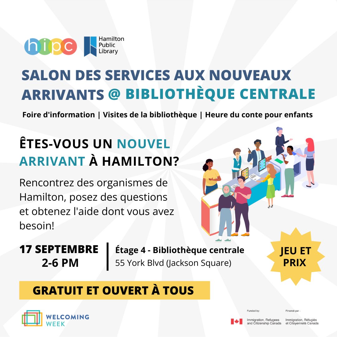 HIPC (@hipchamilton) on Twitter photo Mark your calendars for September 17! 📅 We are teaming up with amazing community partners and hosting a Newcomer Services Fair at Central Library (<a href="/HamiltonLibrary/">Hamilton PL</a>) from 2-6 PM.
This event is free & open to all.
We hope to see you there! #WelcomingWeek2024 Mark your calendars for September 17! 📅 We are teaming up with amazing community partners and hosting a Newcomer Services Fair at Central Library (<a href="/HamiltonLibrary/">Hamilton PL</a>) from 2-6 PM.
This event is free & open to all.
We hope to see you there! #WelcomingWeek2024