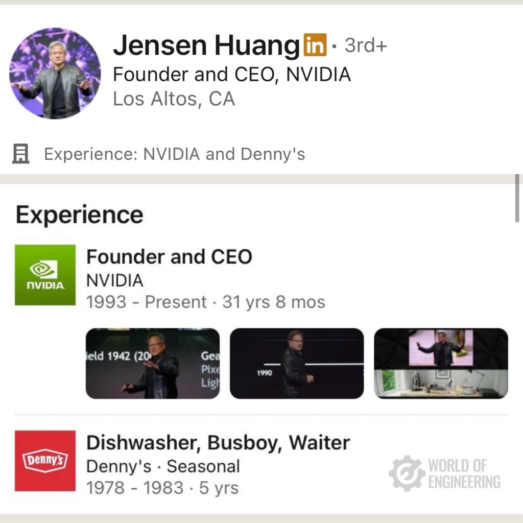engineers_feed's tweet photo. Nvidia’s Founder &amp; CEO Jensen Huang resume on LinkedIn https://t.co/mCt5VBnkUu