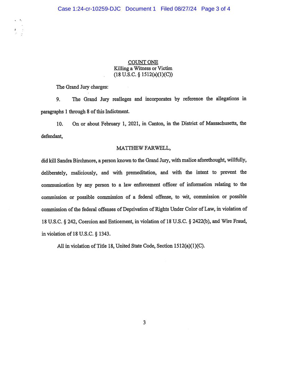 OliviaLambo_'s tweet image. BREAKING:  The Feds drop the first indictment bomb in Norfolk County with the arrest of #MatthewFarwell in the coverup and murder of #SandraBirchmore.

Farwell has been indicted under 18 USC s. 1512(a) (1)(C) —  Tampering with a witness, victim, or an informant and faces up to 30…