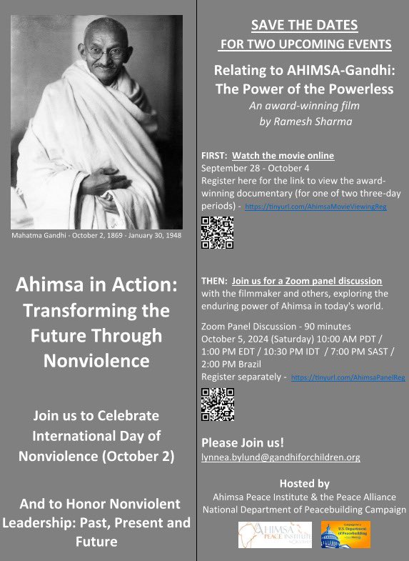 Join us for a special online screening of the documentary "Ahimsa—Gandhi: The Power of the Powerless" from Sept 28 to Oct 4, 2024, followed by a live panel discussion on Oct 5. Discover the enduring power of nonviolence in today's world.

gandhiforchildren.org/transforming-t…