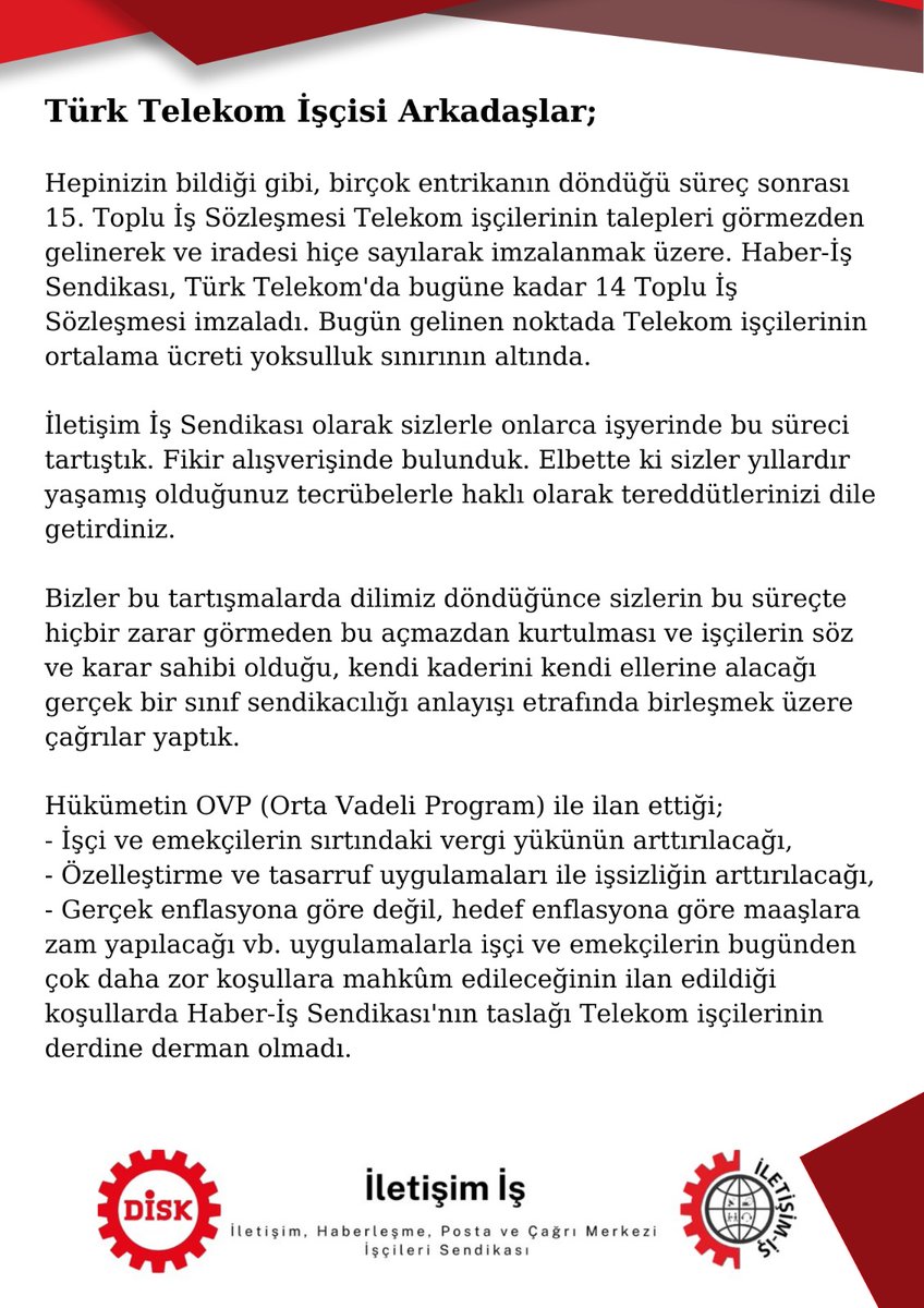 iletisimis's tweet photo. İletişim-İş olarak Türk Telekom'un toplu iş sözleşmesi sürecine dair açıklamamızdır.

Yüzlerce üyemizle birlikte işçilerin insanca yaşayacak bir ücret ve çalışma koşulları için mücadeleyi büyütmeye devam edeceğiz. Tüm işçi arkadaşlarımızı sendikamızda örgutlenmeye çağırıyoruz. https://t.co/755juuK4J3