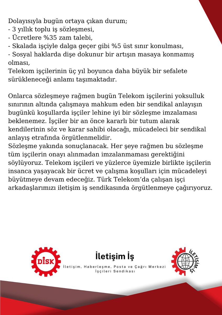 iletisimis's tweet photo. İletişim-İş olarak Türk Telekom'un toplu iş sözleşmesi sürecine dair açıklamamızdır.

Yüzlerce üyemizle birlikte işçilerin insanca yaşayacak bir ücret ve çalışma koşulları için mücadeleyi büyütmeye devam edeceğiz. Tüm işçi arkadaşlarımızı sendikamızda örgutlenmeye çağırıyoruz. https://t.co/755juuK4J3
