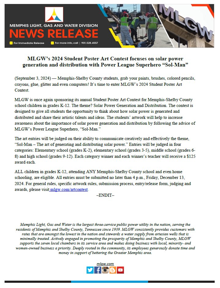 #MLGW is once again sponsoring its annual Student Poster Art Contest for Memphis-Shelby Countyschool children in grades K-12. The theme? Solar Power Generation and Distribution. The contest is designed to give all students the opportunity to think about how solar power is