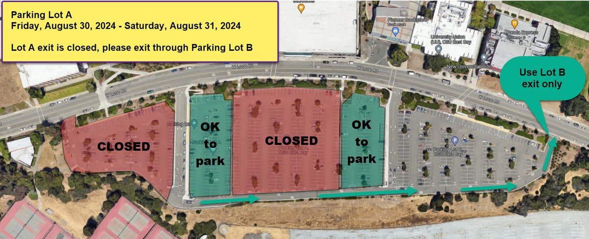 Parking Lot A:

Please be aware that large sections of Parking Lot A will be unavailable from Friday, August 30th - Saturday, August  31st due to scheduled events.

The exit of Lot A will be closed as well, please exit through the Lot B exit. See map below.