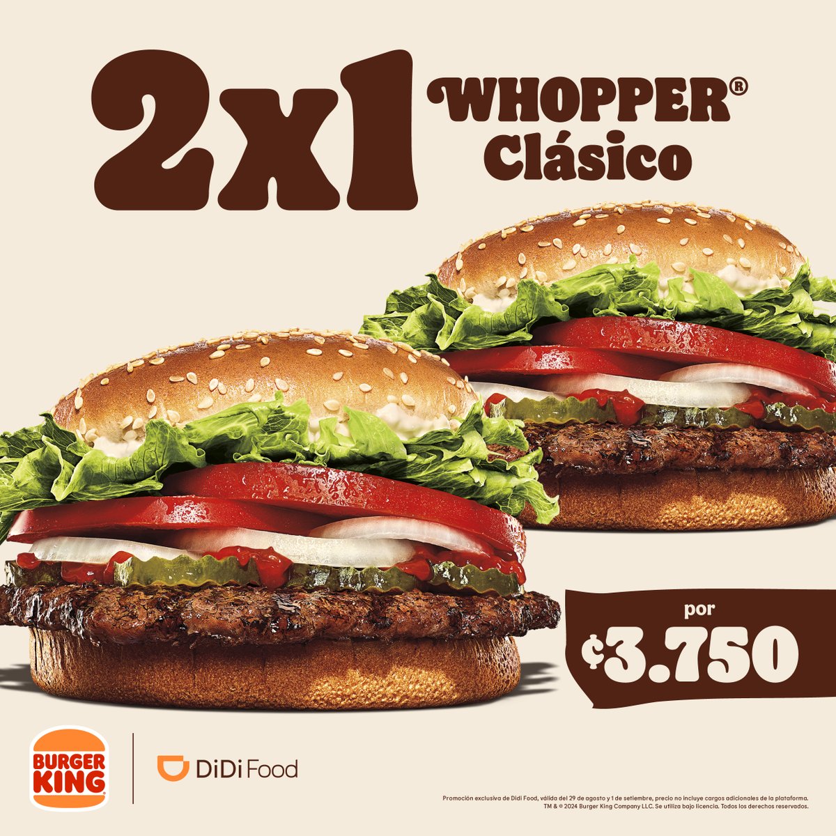 Si sos tan fan del WHOPPER® como nosotros, aprovechá en Didi Food un 2x1 en WHOPPER® Clásico desde ¢3.750. 🔥

*Promoción exclusiva de Didi Food, válida del 29 de agosto al 1 de setiembre, precio no incluye cargos adicionales de la plataforma.