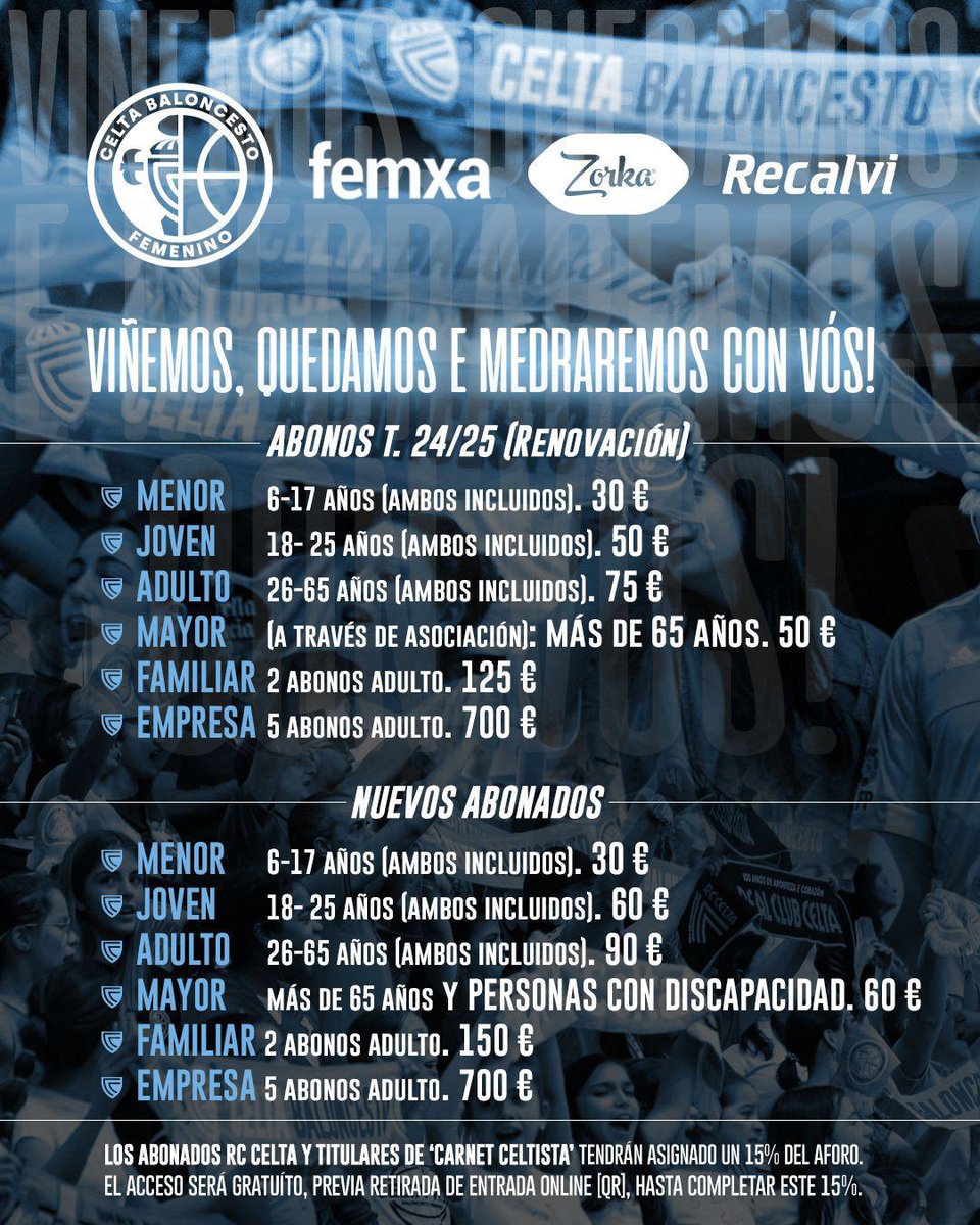 Celtistas, os recordamos que aún podéis abonaros para la campaña 24/25 de #LFEndesa 🩵

Este año continúa el show en Navia. 🥁🏟️

celtabaloncesto.compralaentrada.com