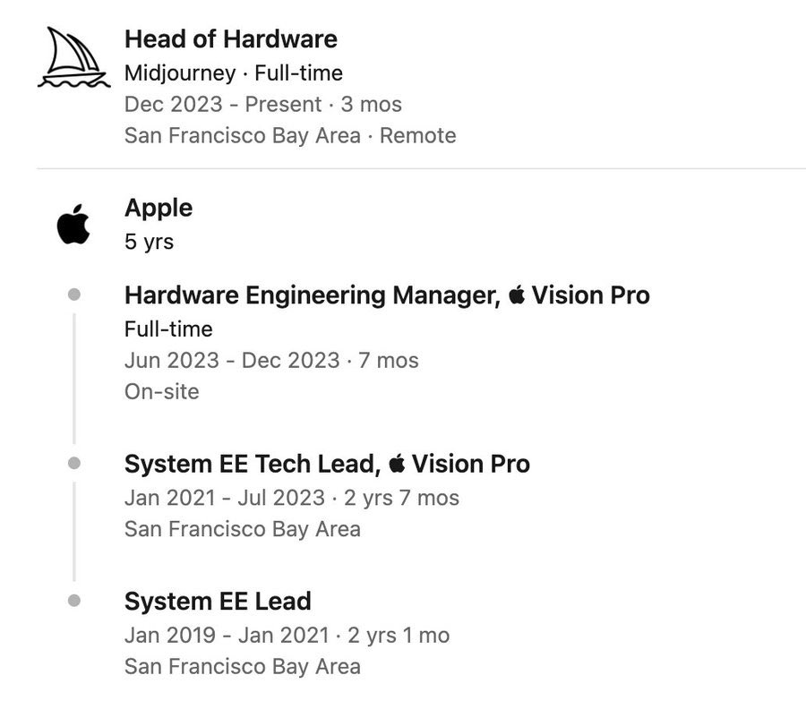 ns123abc's tweet photo. Last year, MidJourney hired an engineer from Apple Vision Pro to be "Head of Hardware" 

love to see what MJ cooks https://t.co/yciKxt0a6n