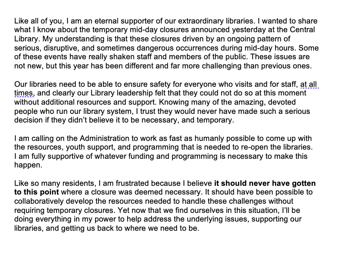 BenForWard3's tweet photo. LIBRARY CLOSURES. Like all of you, I am an eternal supporter of our extraordinary libraries. I wanted to share what I know about the temporary mid-day closures announced yesterday at the Central Library. https://t.co/F0O96sBfIG