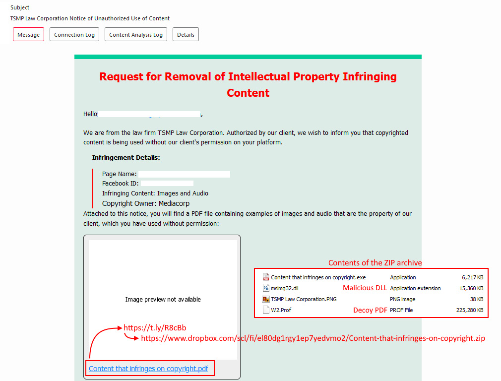 🚨 #MalspamAlert: A recent #malware campaign is making rounds, using email subjects related to legal issues or unauthorized content use to lure victims into downloading malware. The email pretends to be from a law firm alleging copyright infringement on a #Facebook page, complete