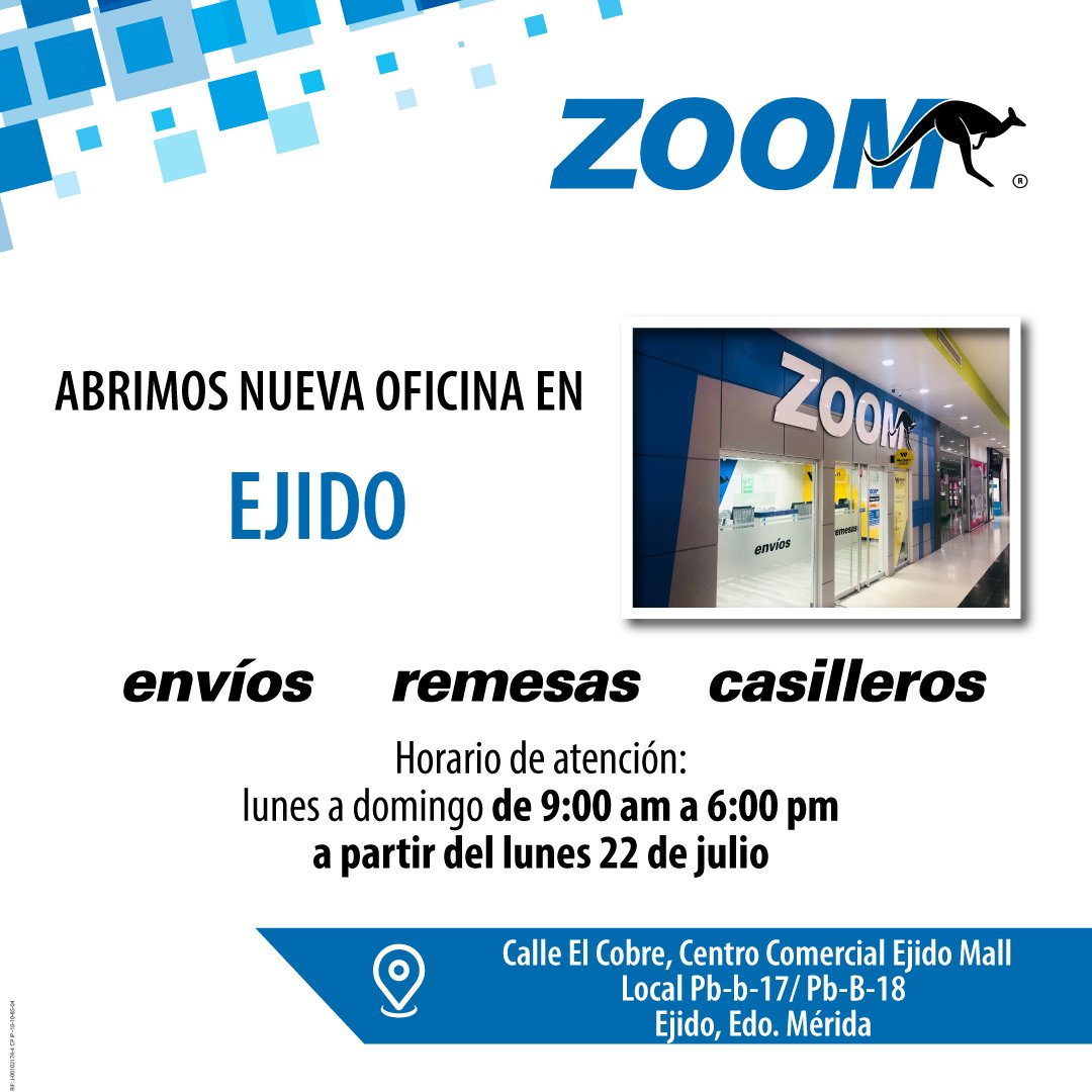 ZOOMenLinea's tweet photo. 🗣️ #ZOOMInforma Ven a conocer la nueva oficina ZOOM 📍 en la calle El Cobre, C. C. #EjidoMall , Edo. Mérida. Una muestra más de la comodidad que queremos para ti.
Realiza tus #Remesas #Envíos y #Casilleros en uno de los lugares más convenientes de #Mérida 🇻🇪 🦘 https://t.co/YI0n8uVhBz