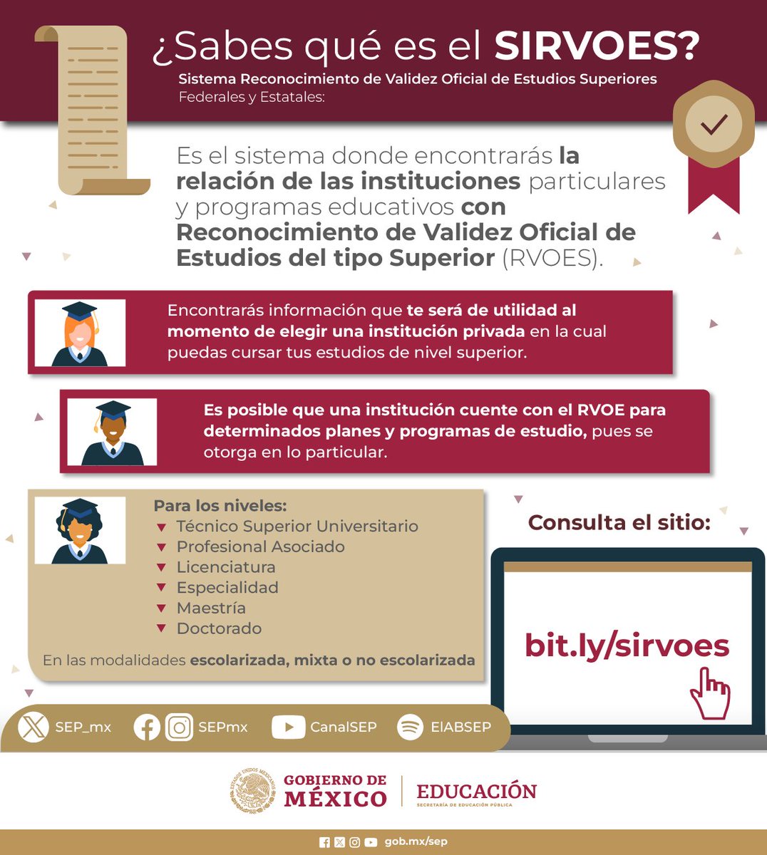 Joven, ¿te gustaría saber cómo verificar si una escuela de estudios superiores cuenta con validación oficial? 🏫✅ ¡Es fácil! Utiliza el #SIRVOES.
👉sirvoes.sep.gob.mx/sirvoes/mvc/co…
¡Asegúrate de elegir la mejor opción educativa! 📚🎓