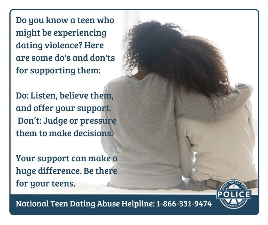 Do you know a teen who might be experiencing dating violence? Here are some do's and don'ts for supporting them: 

✅ Do: Listen, believe them, and offer your support. ❌ Don’t: Judge or pressure them to make decisions. 

Your support can make a huge difference.💗