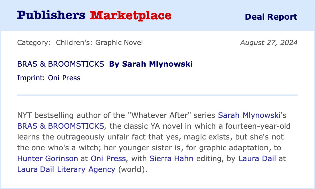 New #dealalert! <a href="/SarahMlynowski/">Sarah Mlynowski</a>'s BRAS &amp; BROOMSTICKS will get a graphic novel edition from <a href="/OniPress/">Oni Press</a>!!