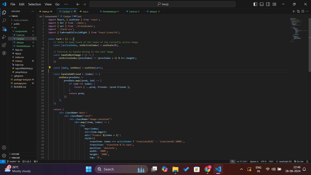 utsav_s1ngh's tweet image. 🚀Day 35 of my #WebDevChallenge!
Built a dynamic **React Card Component** with:
- 🌟Image Carousel: Smooth image transitions
- 🤝Friend Toggle: Add/remove friends with real-time updates
Used React hooks for state management and props! #ReactJS #WebDevelopment #Js #Frontend
